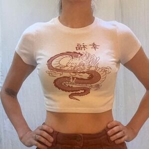 White Ribbed Crop Top Tee Shirt with Red Chinese Dragon Print Y2K Small